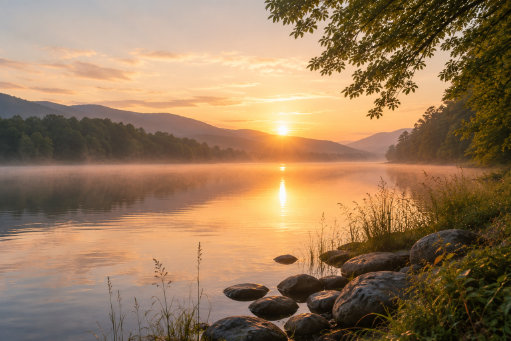 Peaceful lake at sunrise with soft golden light reflecting across calm water, symbolising hope, healing and a gentle way forward. Craniosacral Therapy by Marissa Simone