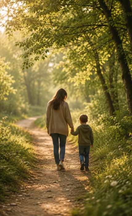 A parent and child walking hand in hand along a peaceful woodland path in warm morning sunlight.